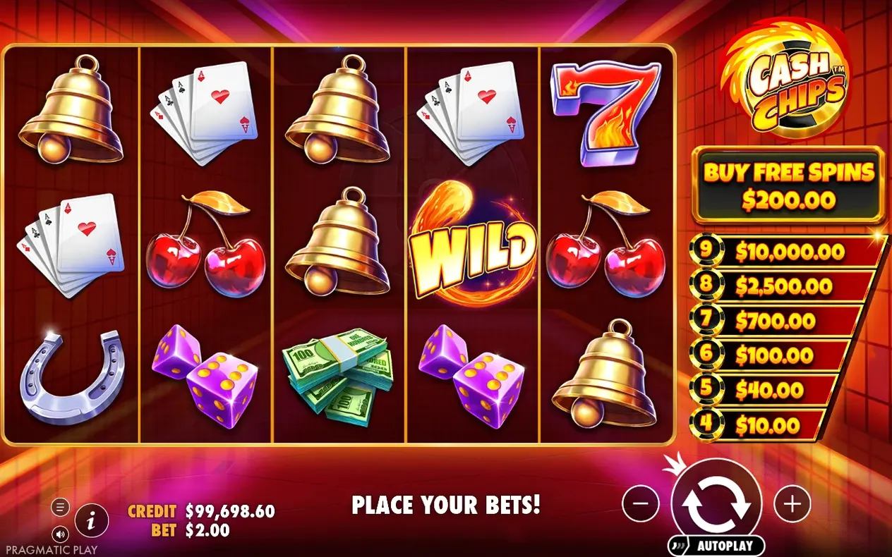 Basisspiel vor dem Dreh zeigt Meldung Platziere deine Einsätze, Einsatz 2,00 $, Guthaben 99.698,60 $.