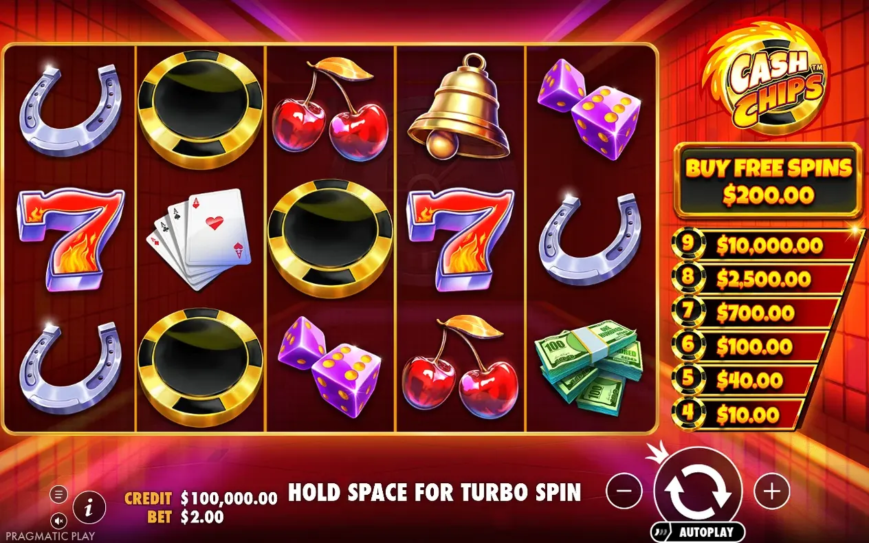 Basisspiel mit Hufeisen, Chips, Kirschen, Glocke und Würfeln; Kauf-Button zeigt 200,00 $ für Freispiele.