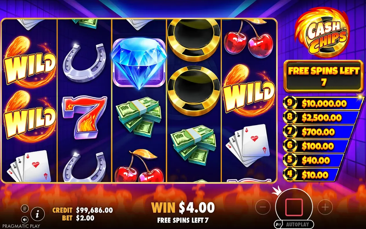 Freispielrunde mit zwei WILD-Flammensymbolen, Diamant und Chips; 7 Freispiele übrig, Gewinn 4,00 $.