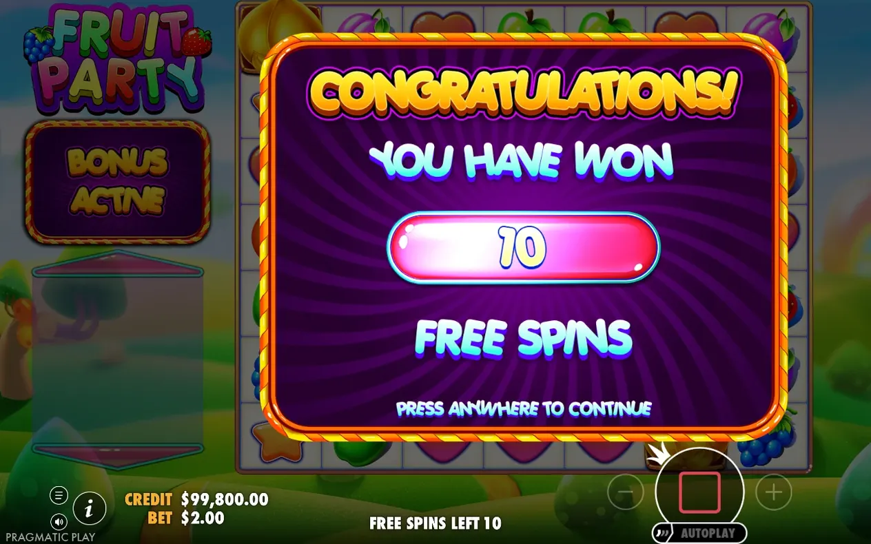 Congratulations-Popup zeigt 10 gewonnene Freispiele, Bonus aktiv, Guthaben bei 99.800 $.