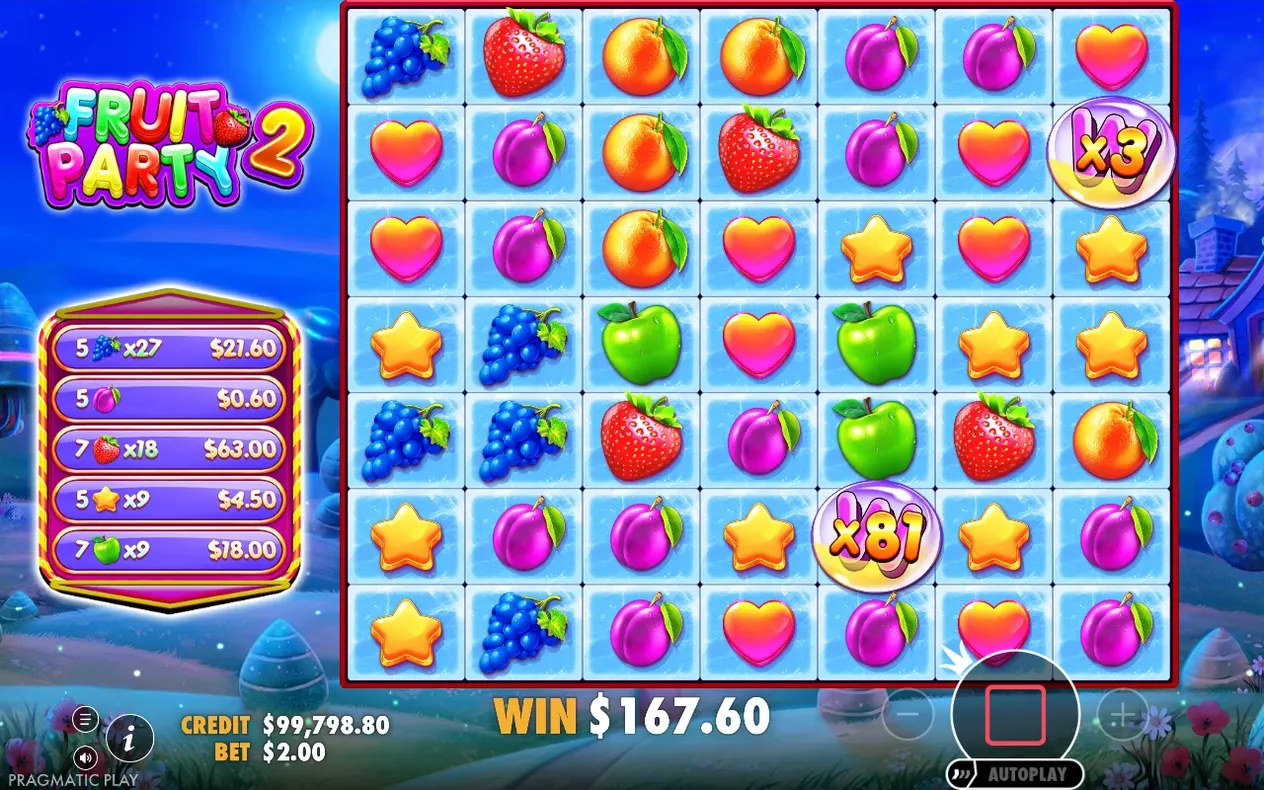 Nachtmodus-Grid mit x3 und x81 Wild-Multiplikator-Blasen, Gewinn 167,60 $ angezeigt