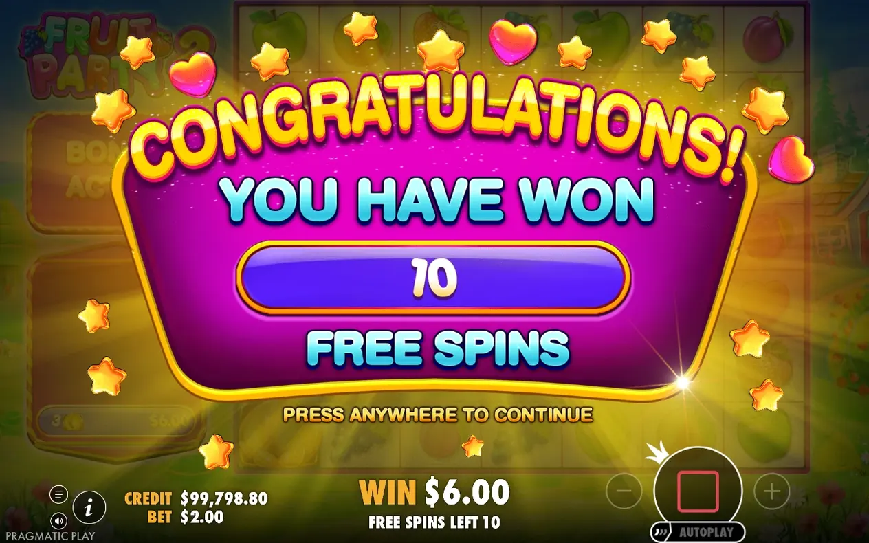 Congratulations-Screen meldet 10 gewonnene Freispiele, Gewinn 6,00 $, Freispiele übrig 10
