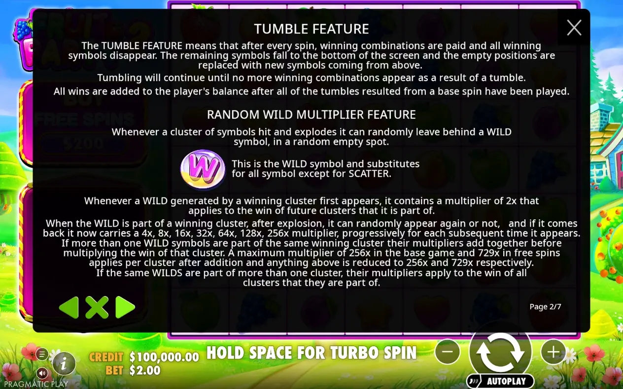 Regelseite 2/7 erklärt Tumble-Feature und Random Wild Multiplier mit lila W-Symbol