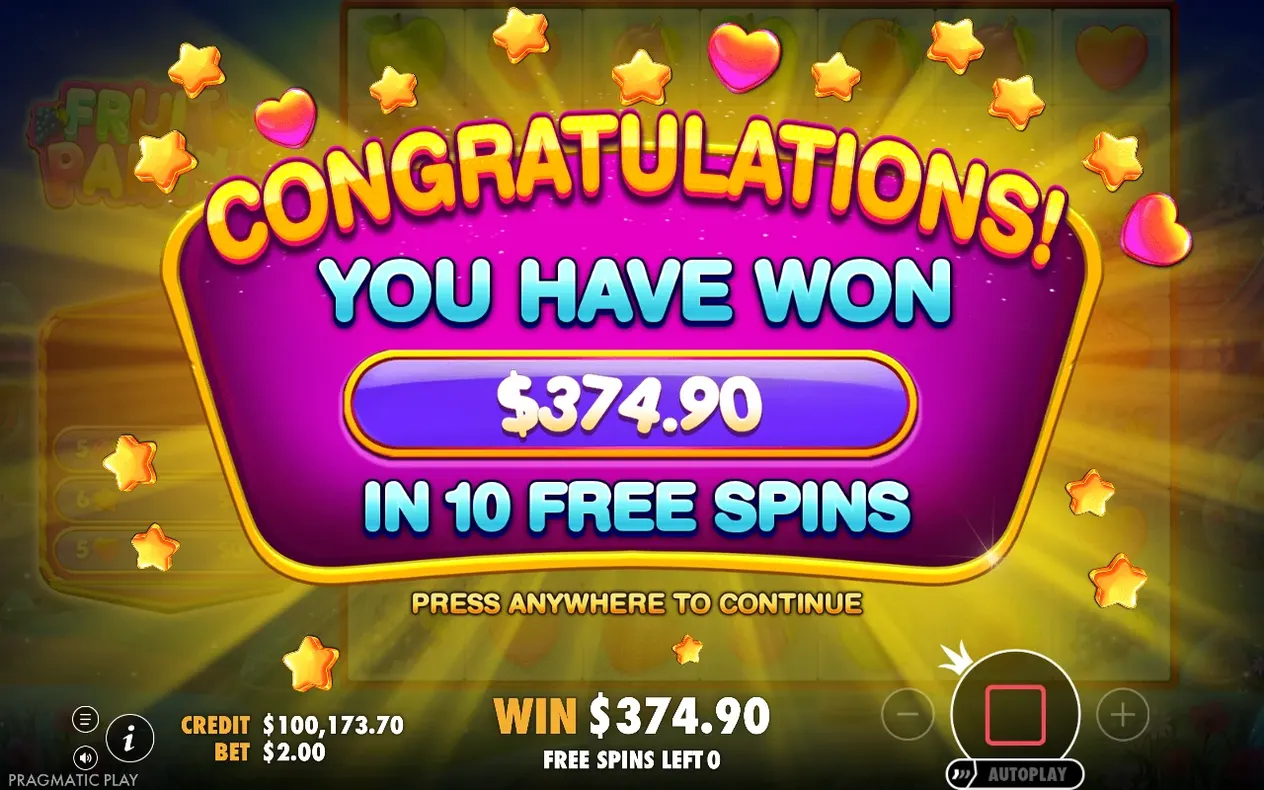 Congratulations-Bildschirm zeigt Gesamtgewinn 374,90 $ aus 10 Freispielen