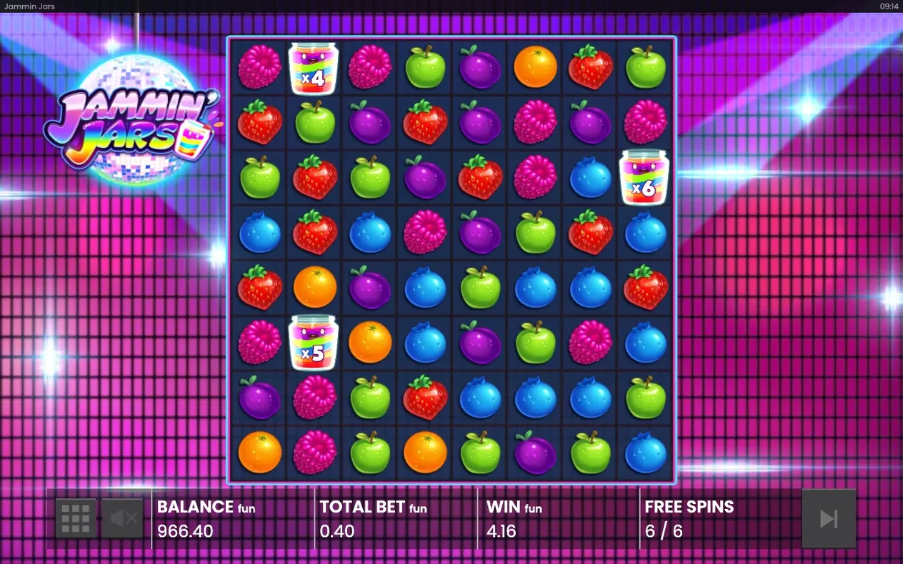 Free-Spins-Runde 6/6 zeigt Gewinn 4.16 fun und Jam-Jar-Wilds mit x4, x5 und x6 im Raster.