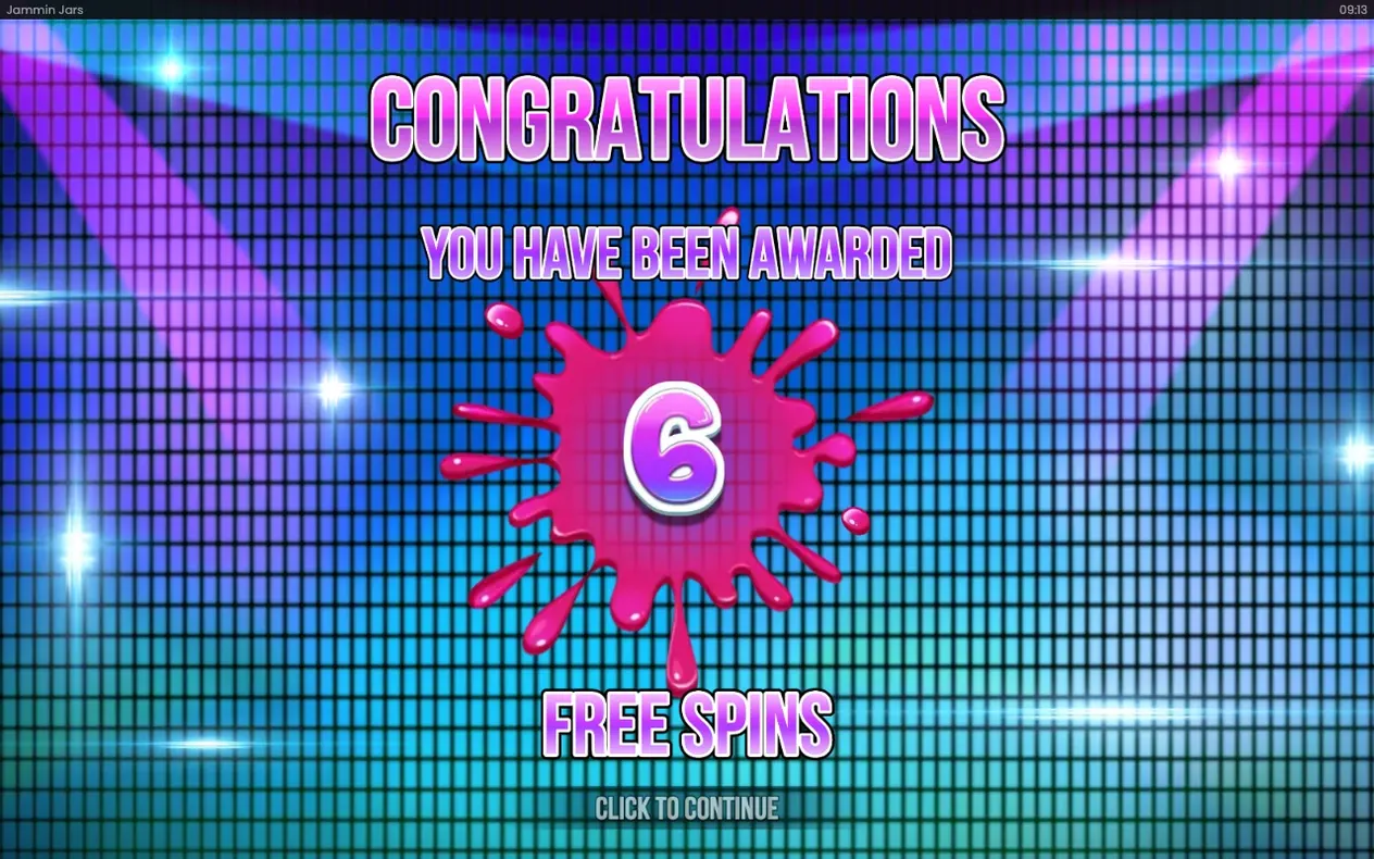 Congratulations-Banner zeigt 6 Free Spins in pinkem Farbklecks vor blau-türkisem Rastergrund.