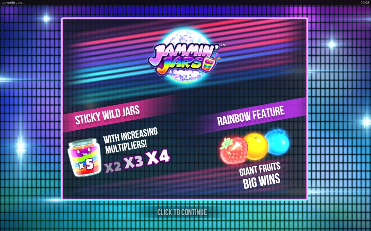 Intro-Tafel zeigt Sticky Wild Jars mit x2 bis x5 und die Rainbow Feature mit Riesenfrüchten.