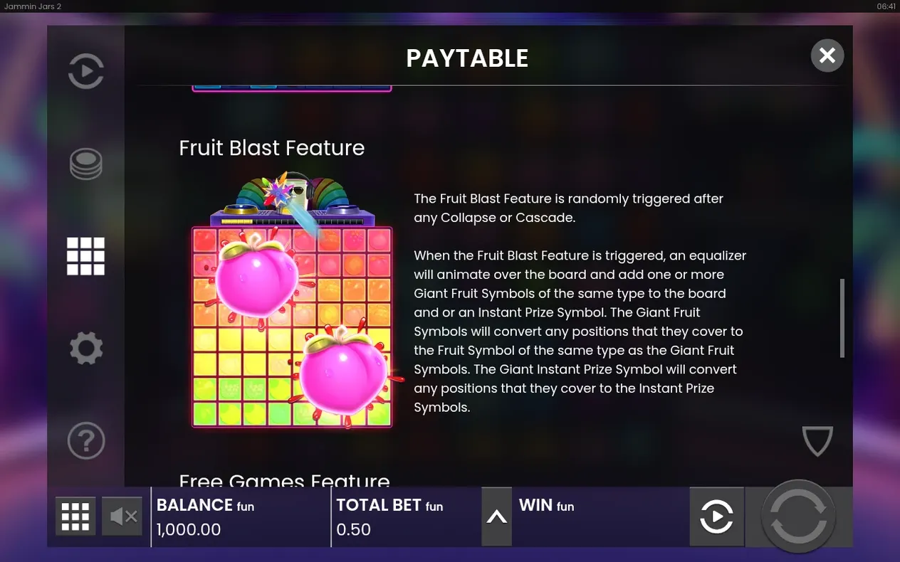 Paytable-Seite erklärt das Fruit Blast Feature mit riesigen pinken Pfirsich-Symbolen auf dem Raster.