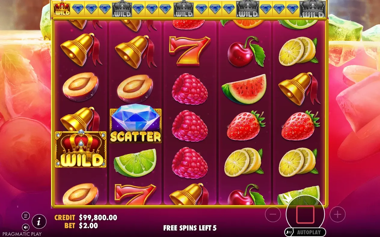 Freispielrunde: WILD-Krone und SCATTER-Diamant auf pinkfarbenen Walzen, noch 5 Freispiele übrig.