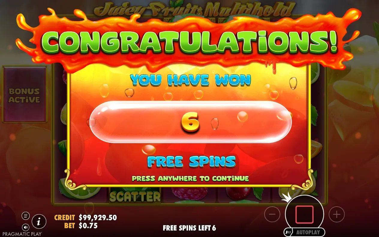 Gewinnpopup meldet 6 gewonnene Freispiele, Bonus aktiv, Scatter-Symbol sichtbar im Hintergrund.