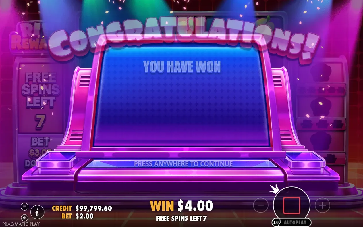 Congratulations screen reads You Have Won, with Free Spins Left 7 and Win $4.00 at the bottom