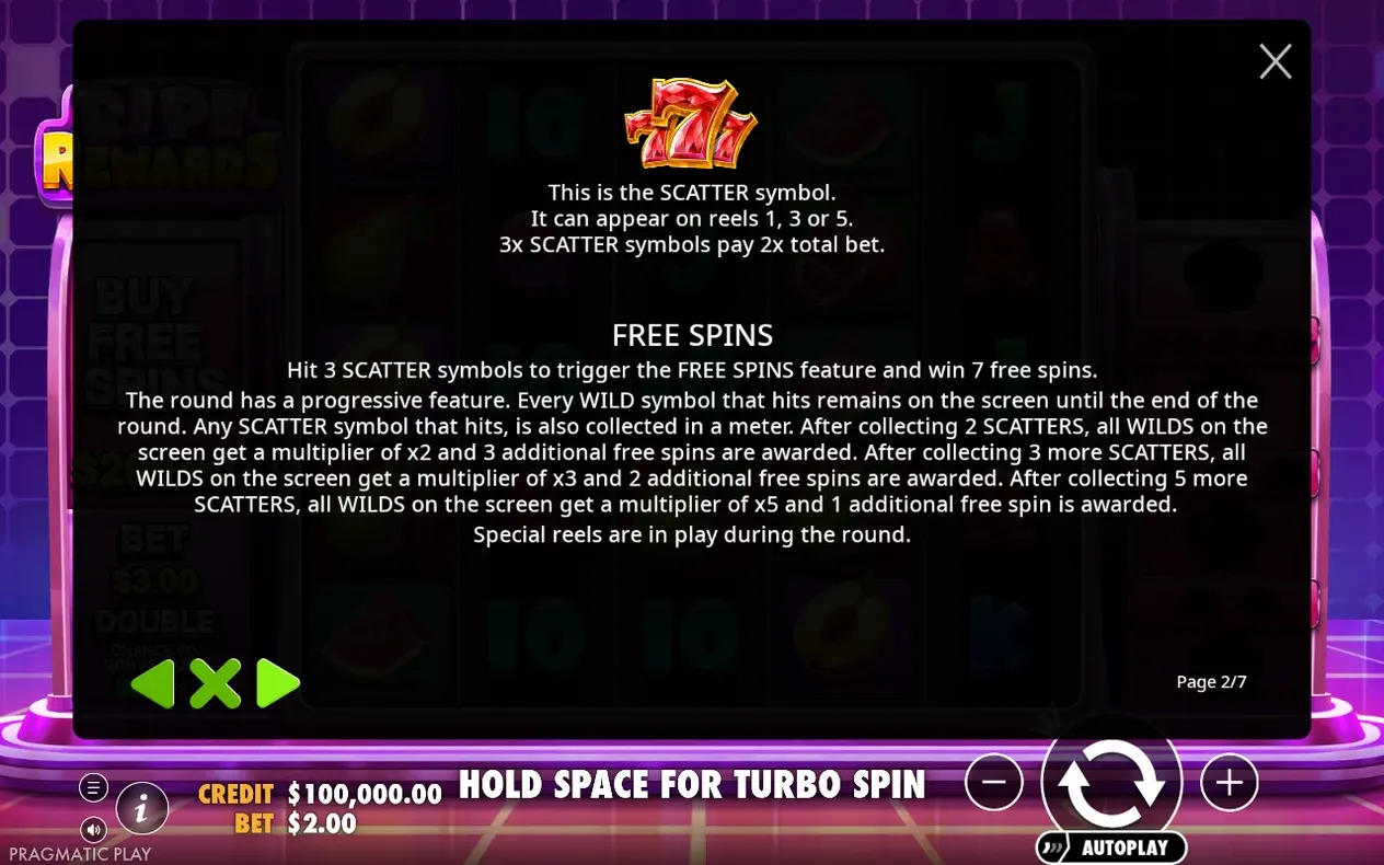 Rules popup page 2/7 explains the ruby scatter symbol and the 7 free spins trigger rule