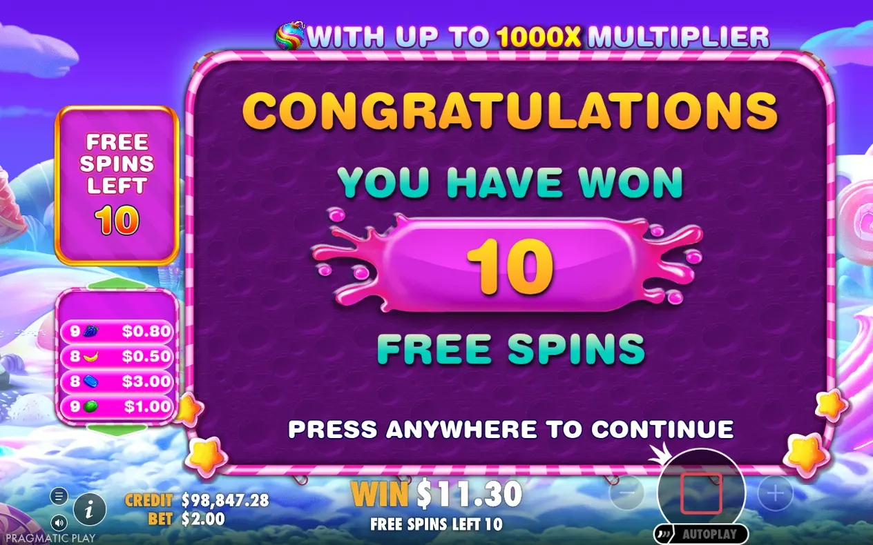 Banner „With up to 1000x Multiplier“, 10 gewonnene Freispiele, Gewinn $11.30, Auszahlungsliste links im Bild.