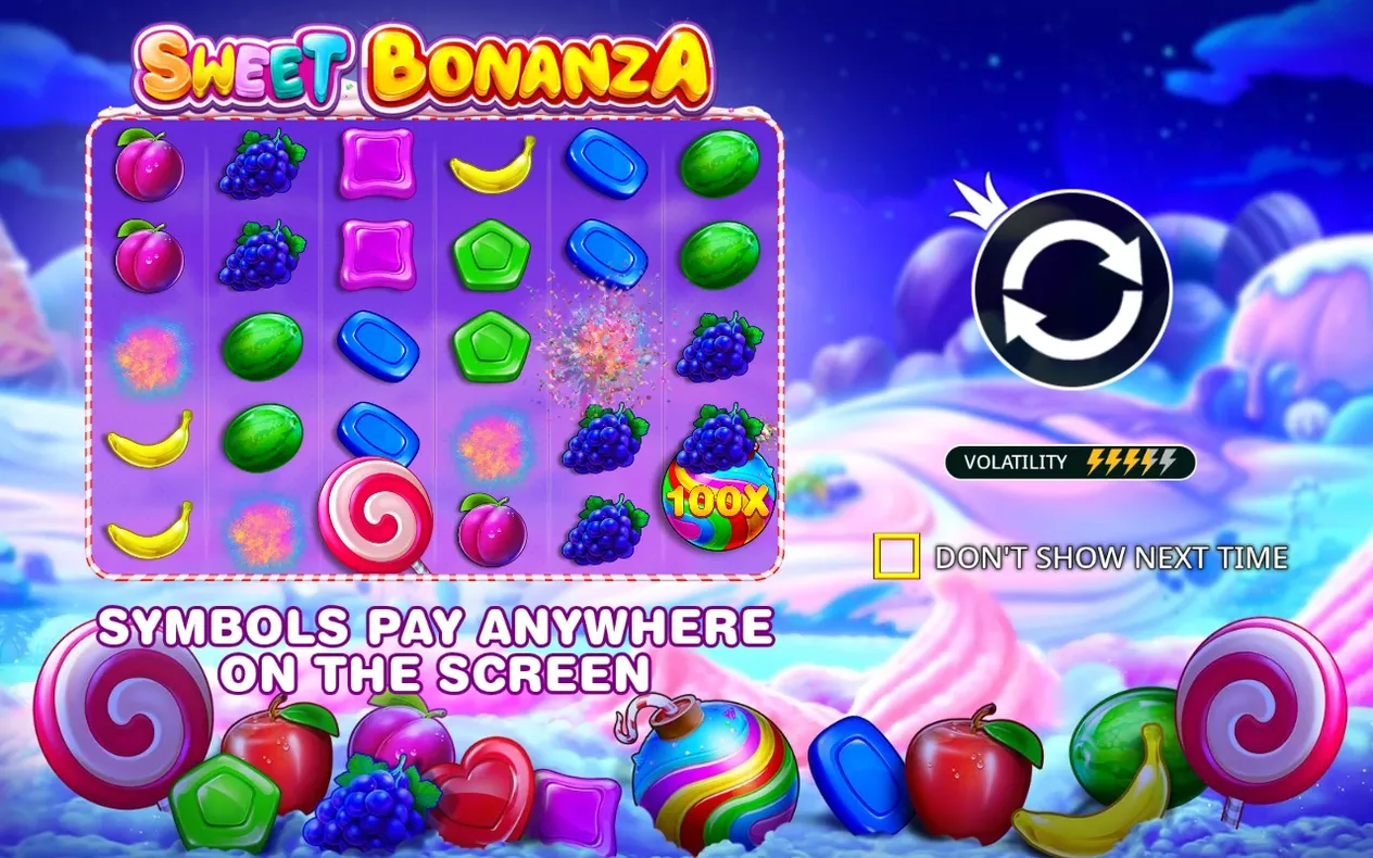 Startbildschirm mit Sweet-Bonanza-Logo, Beispielraster, Volatilitätsanzeige und Neustart-Symbol.