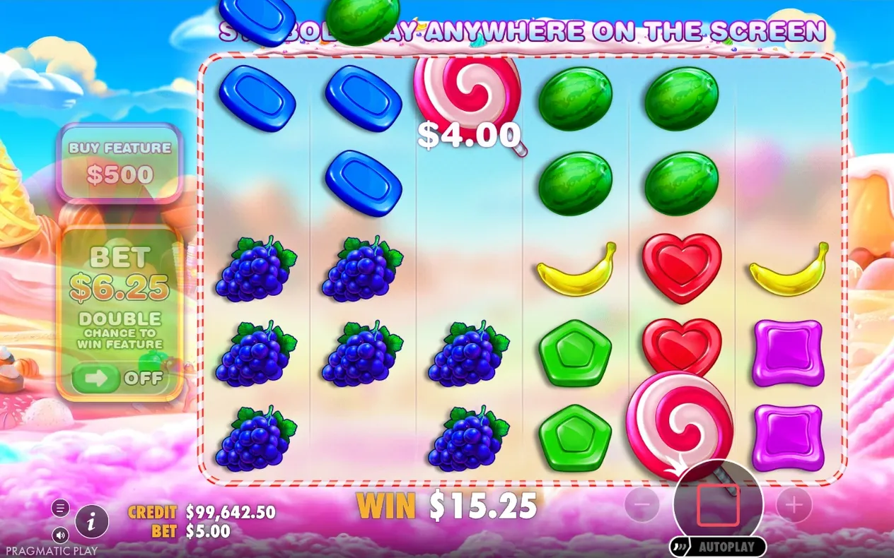 Grundspiel-Tumble: Lutscher-Gewinn 4,00 $ angezeigt, Gesamtgewinn 15,25 $, Einsatz 6,25 $.