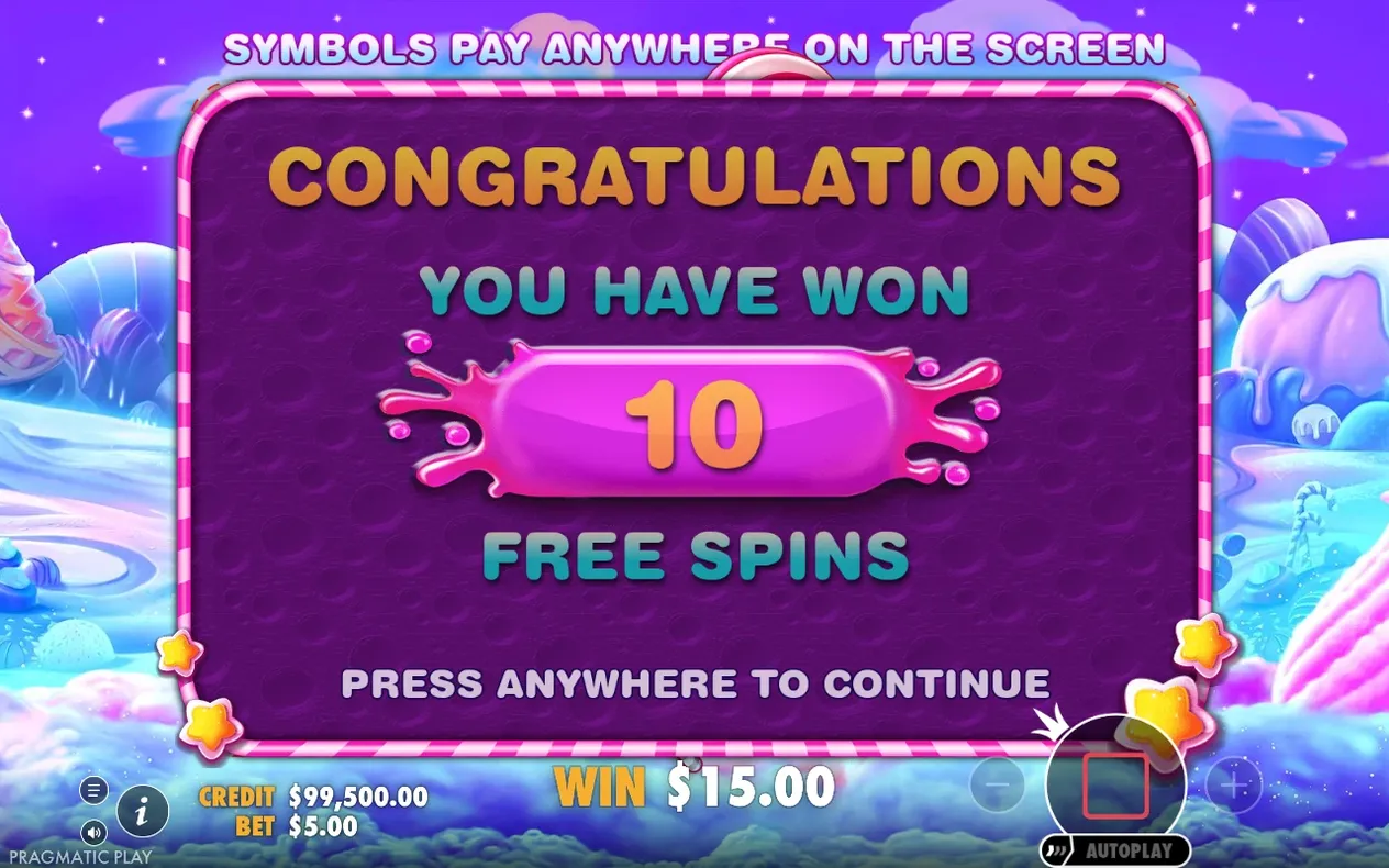 Gewinnmeldung „Congratulations“: 10 Freispiele gewonnen, aktueller Gewinn 15,00 $.