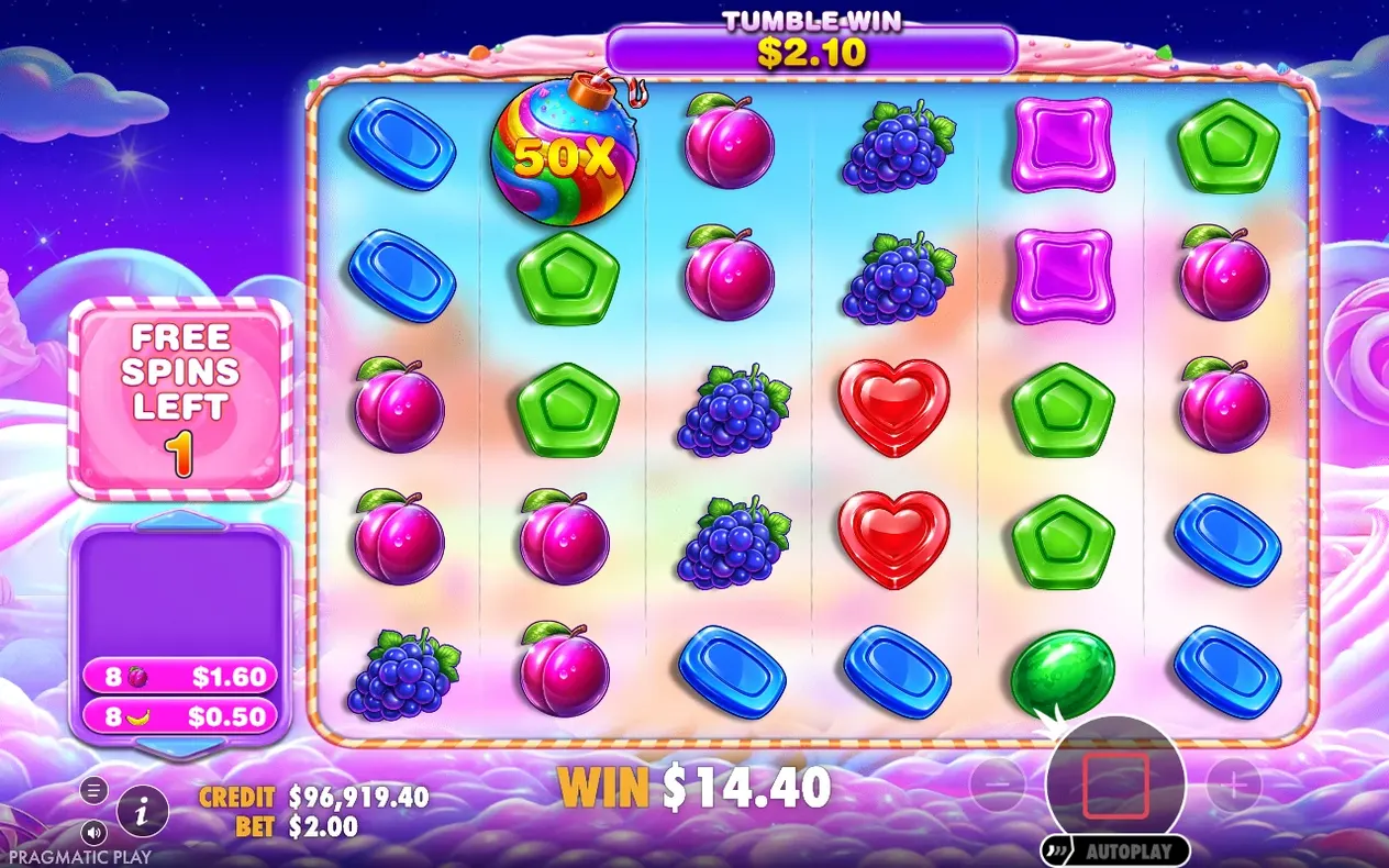 Freispiel-Tumble zeigt eine 50x-Bombe, Gewinn 14,40 $ bei noch 1 verbleibendem Freispiel.