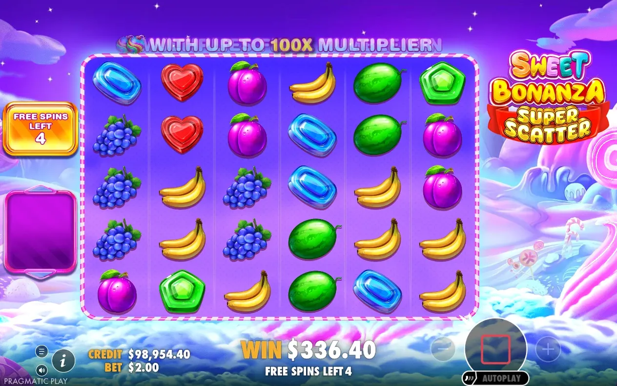 Freispielgitter mit Frucht- und Candy-Symbolen, Banner 100x Multiplikator, Gewinn 336,40 $, 4 Freispiele übrig
