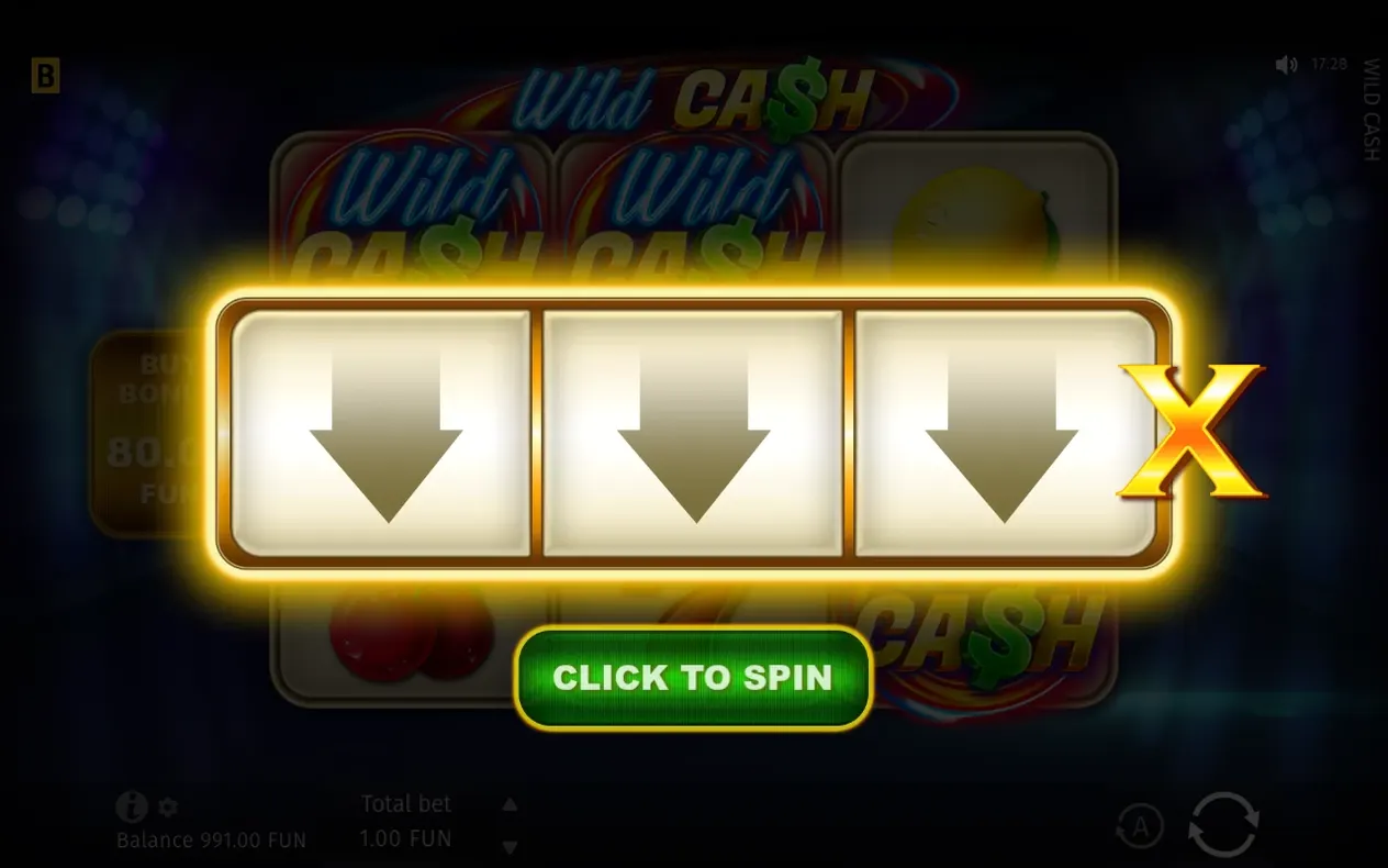 Bonus-Popup zeigt drei Abwärtspfeile im goldenen Rahmen und den Button „Click to Spin“.